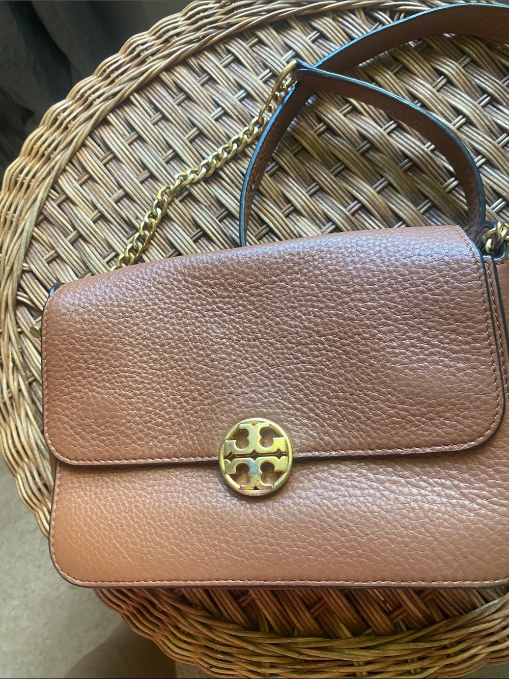 Tory Burch Tan Pebbled Leather Crossbody with Gold Medallion